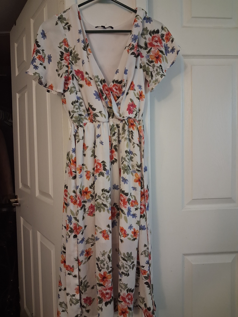 one clothing White Floral Wrap Midi Dress with Red Orange and Blue Flowers